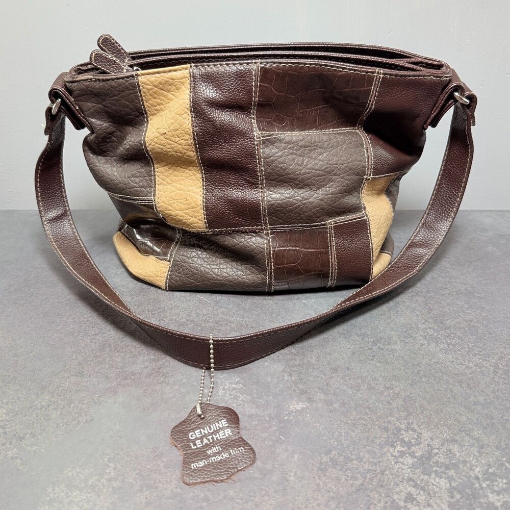 Patchwork Hobo Shoulder Bag Genuine Leather Brown Tan Small